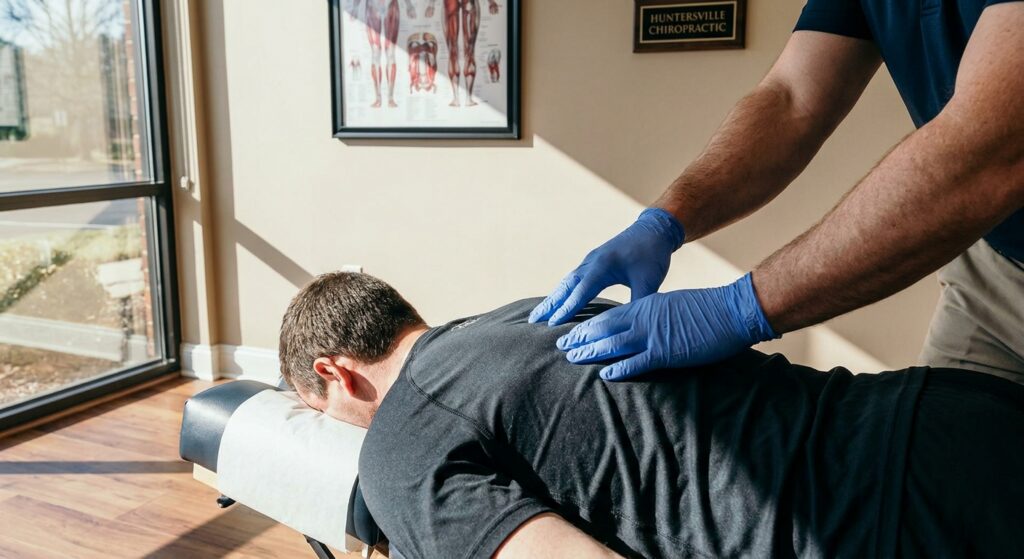 Chiropractor performing detailed hands-on spinal examination on patient during diagnostic assessment at Doyle Chiropractic in Huntersville