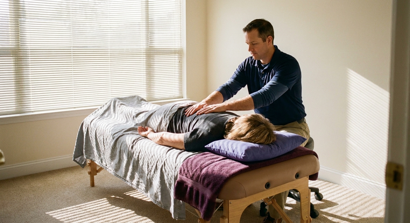 A chiropractor sits beside a treatment table and rests his hands on the upper back and shoulder of a patient lying face-down, in a bright clinic room with late-afternoon light through blinds and a plum towel on the table.