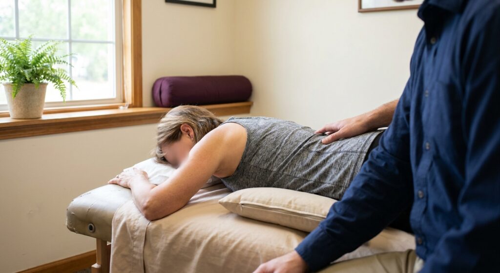 A patient lying face down on a padded treatment table with a tummy pillow in a bright Huntersville chiropractic room while a doctor's hand rests gently near her lower back