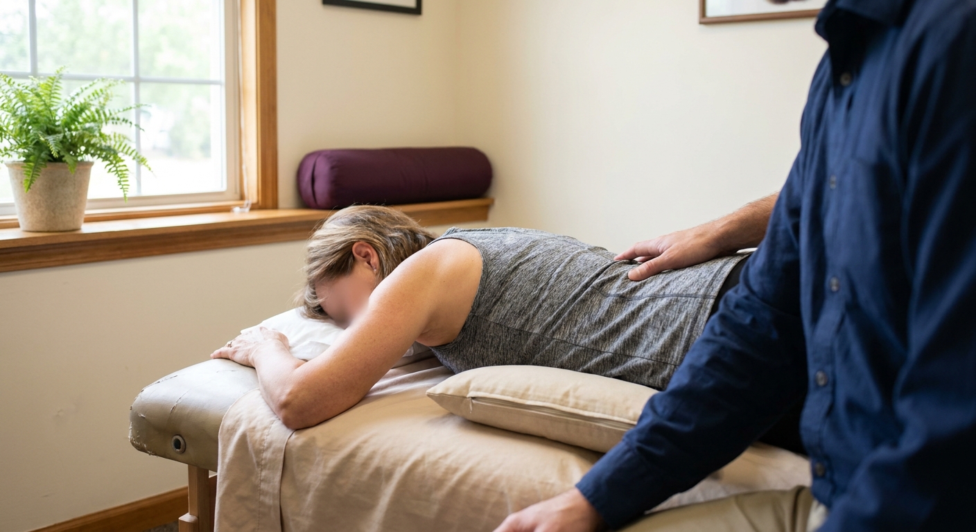 A patient lying face down on a padded treatment table with a tummy pillow in a bright Huntersville chiropractic room while a doctor's hand rests gently near her lower back