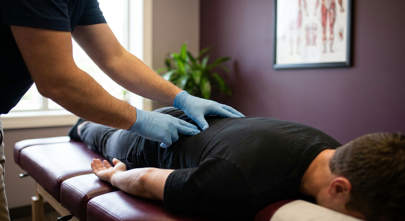 Chiropractor examining patient's spine on adjusting table at Doyle Chiropractic in Huntersville