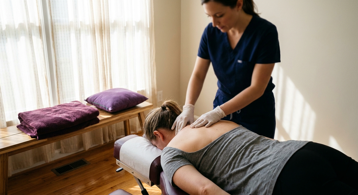 A patient lying face-down on a treatment table while a chiropractor in navy scrubs gently palpates the upper shoulder muscle by a bright window in a Huntersville clinic room.