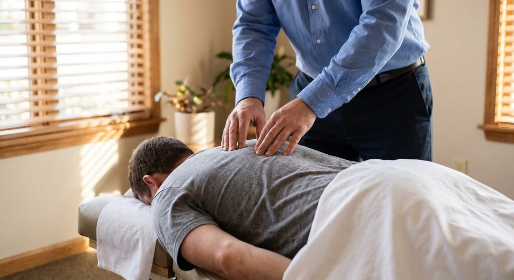 Chiropractor performing spinal adjustment on patient in treatment room at Doyle Chiropractic in Huntersville