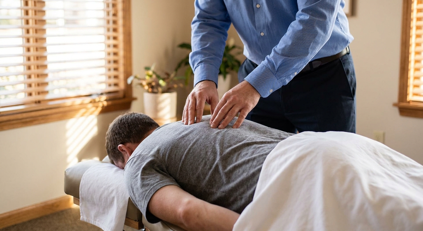 Chiropractor performing spinal adjustment on patient in treatment room at Doyle Chiropractic in Huntersville